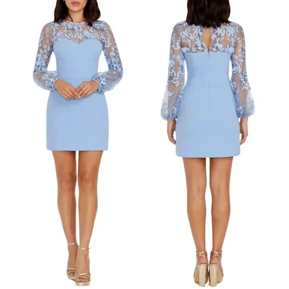 NWT Dress the Population Mila Floral Applique Mini Dress in Sky
